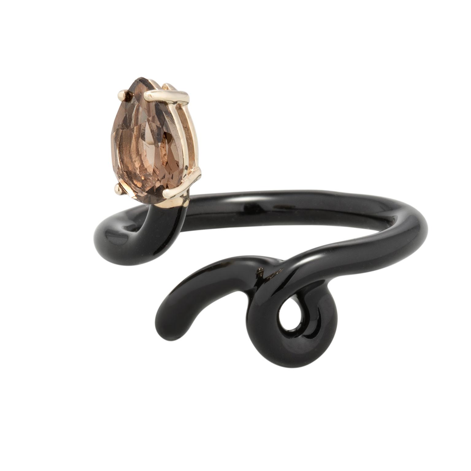 Black enamel and smoky quartz ring by Bea Bongiasca