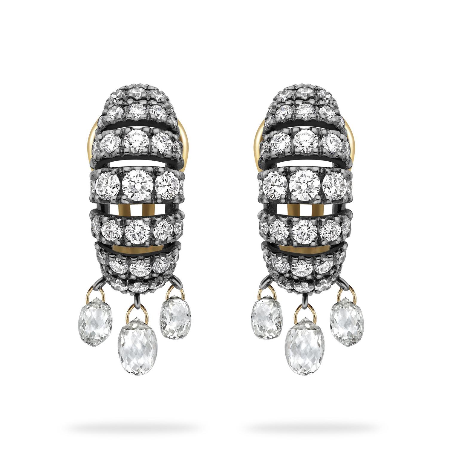 Open diamond hoops with briolette drops by Jessie Thomas