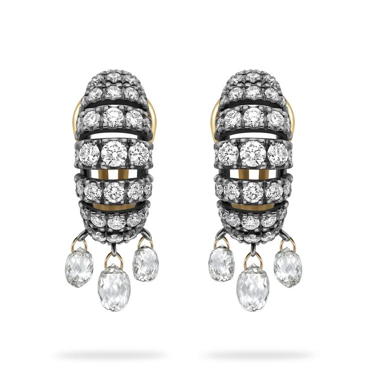 Open diamond hoops with briolette drops by Jessie Thomas