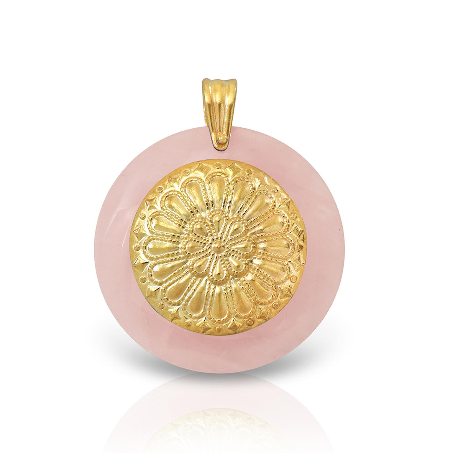 Rose Quartz with gold blossom rosette motif pendant by Lalaounis